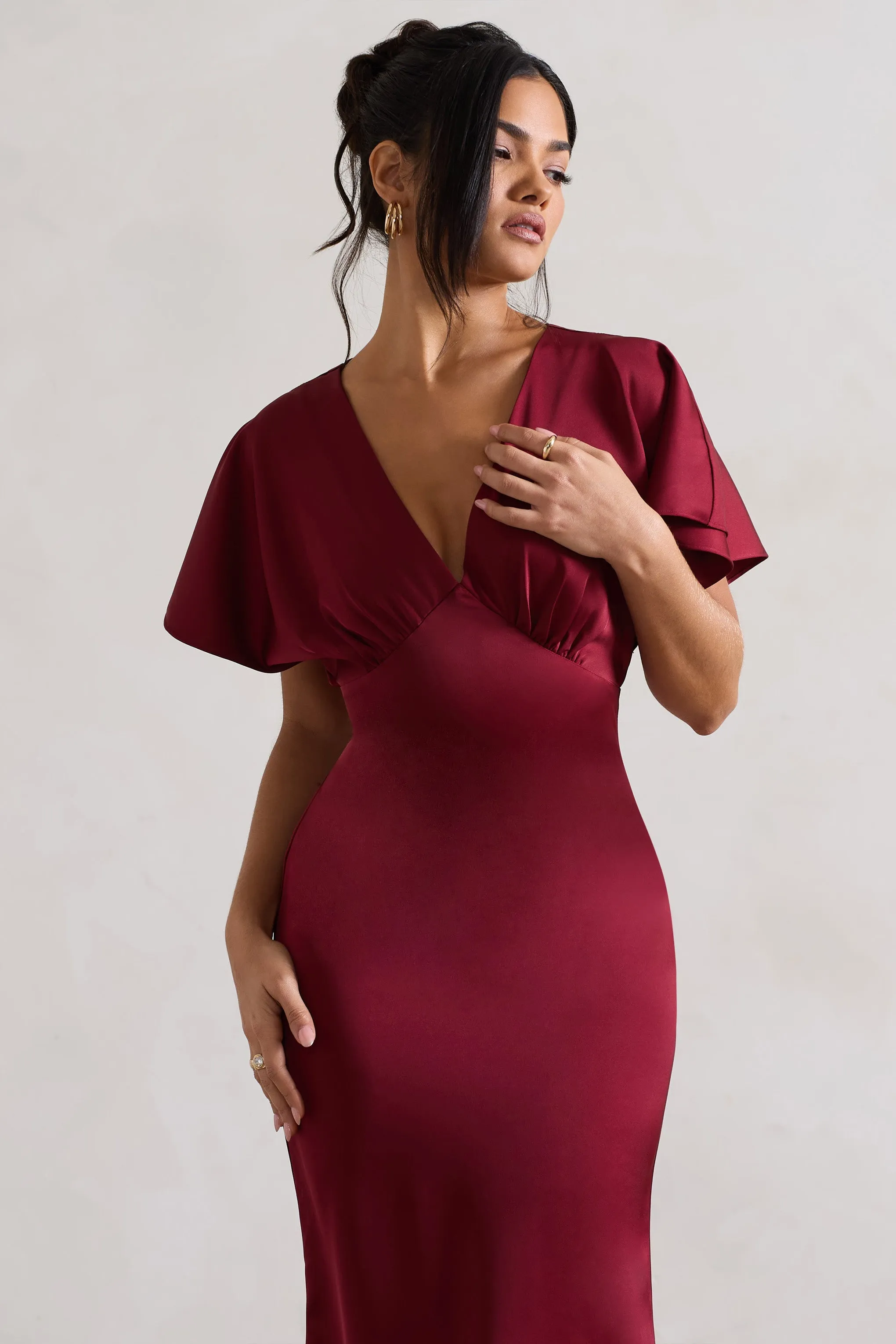 Berry Flutter-Sleeve V-Neck Satin Maxi Dress