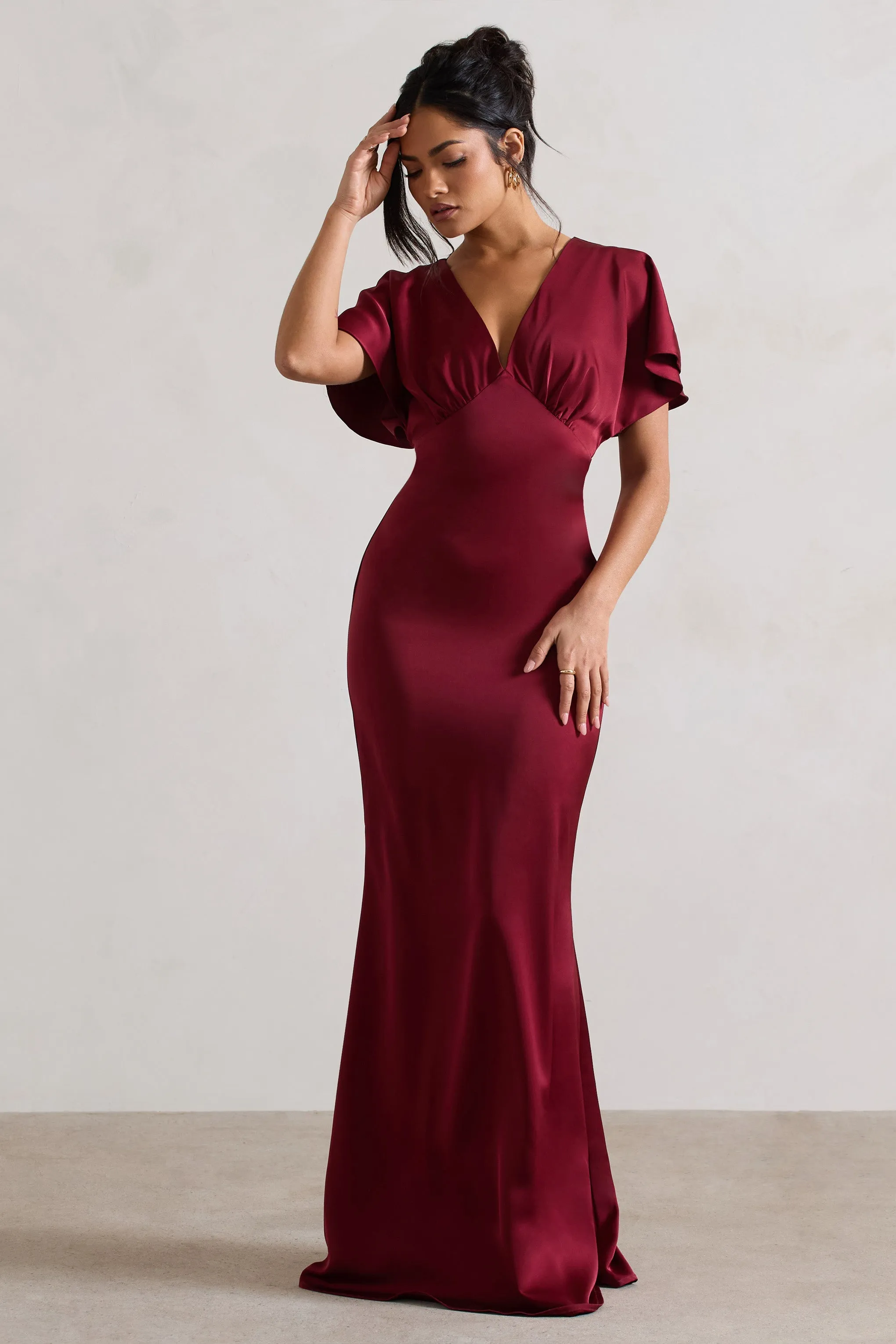 Berry Flutter-Sleeve V-Neck Satin Maxi Dress