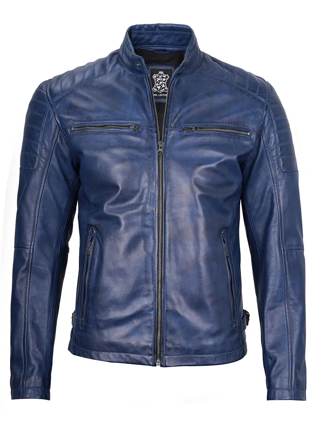 Blue Felix Leather Cafe Racer Jacket