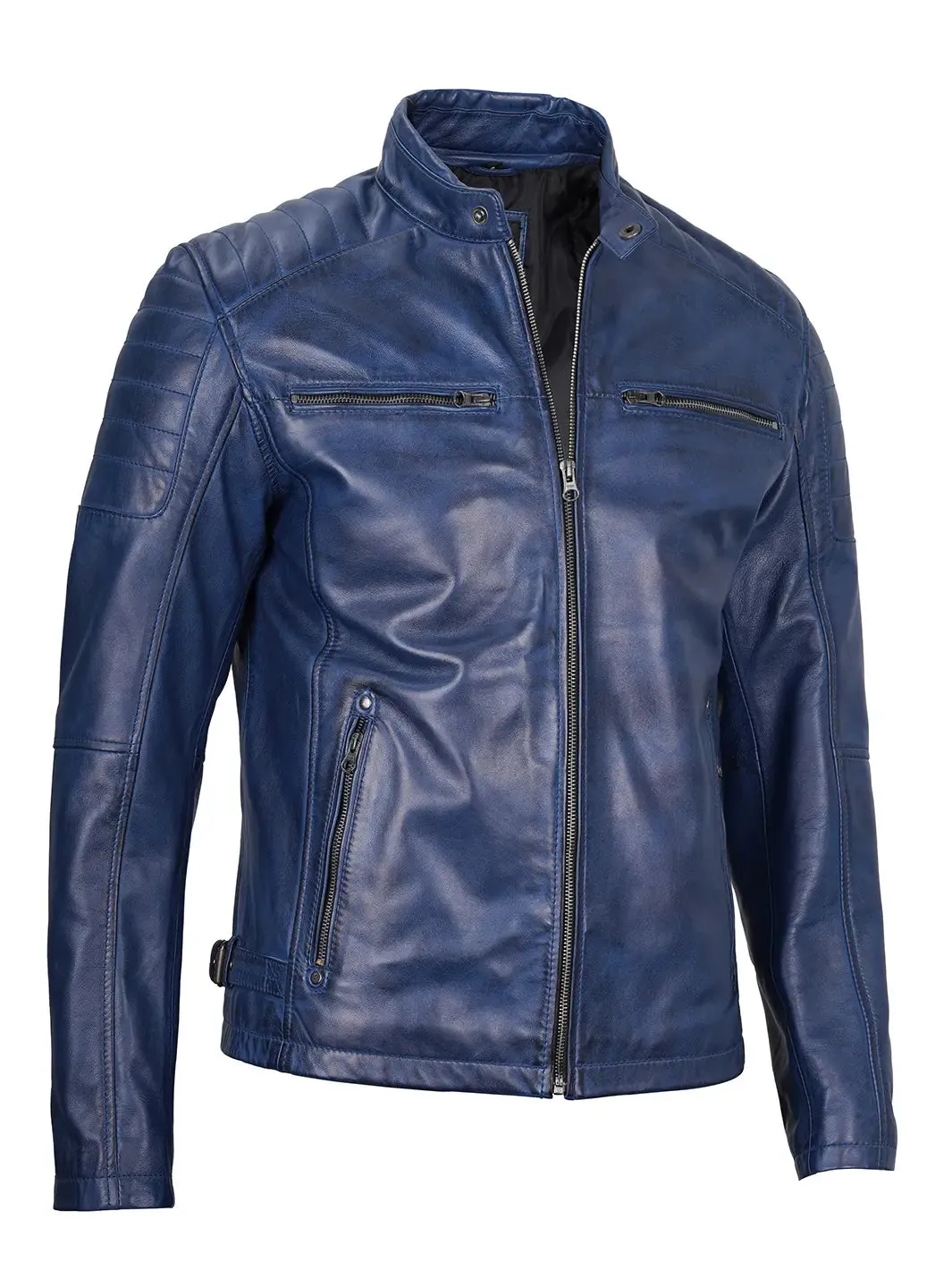 Blue Felix Leather Cafe Racer Jacket