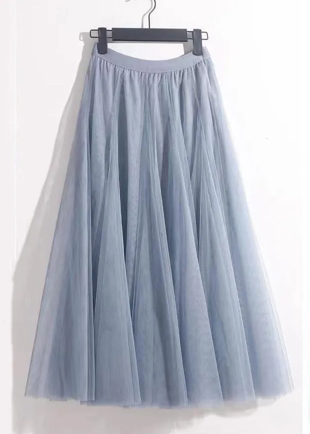 Summer Blue Elastic Waist Pleated Skirt