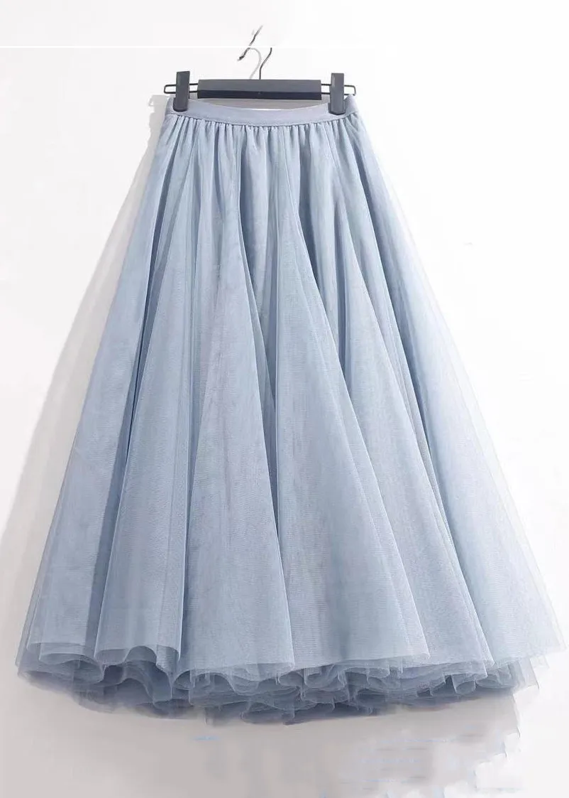 Summer Blue Elastic Waist Pleated Skirt