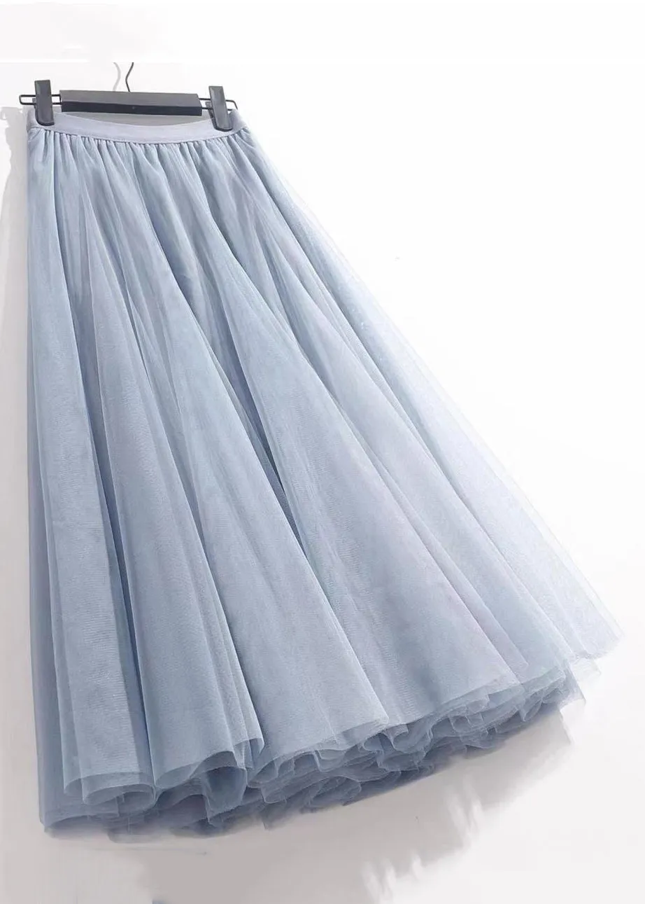 Summer Blue Elastic Waist Pleated Skirt