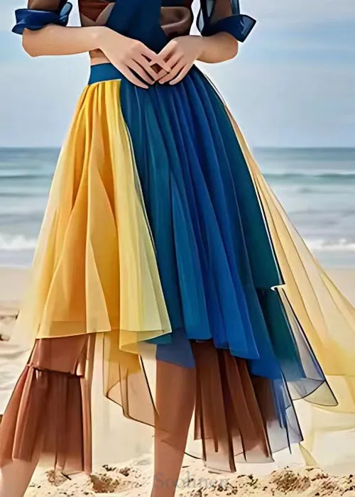 Bohemian Yellow Wrinkled Tulle Skirt with Elastic Waist for Summer