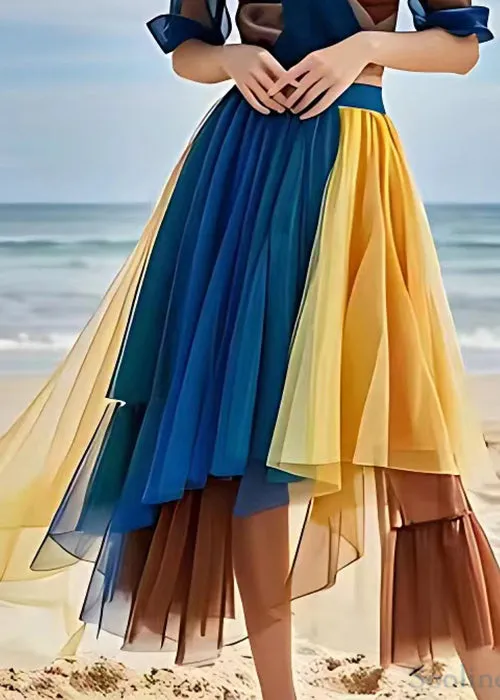 Bohemian Yellow Wrinkled Tulle Skirt with Elastic Waist for Summer