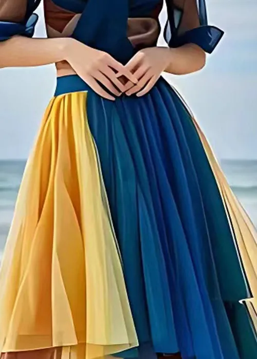 Bohemian Yellow Wrinkled Tulle Skirt with Elastic Waist for Summer