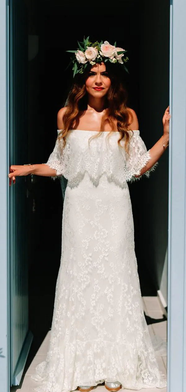 Boho Lace Off Shoulder Beach Wedding Gown