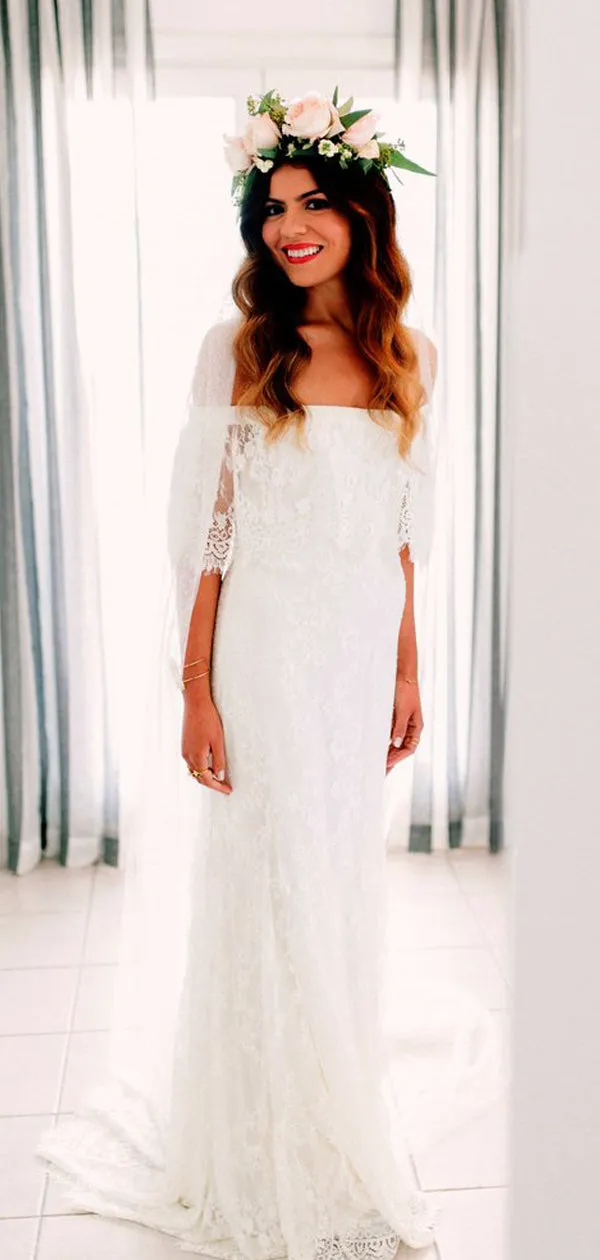 Boho Lace Off Shoulder Beach Wedding Gown