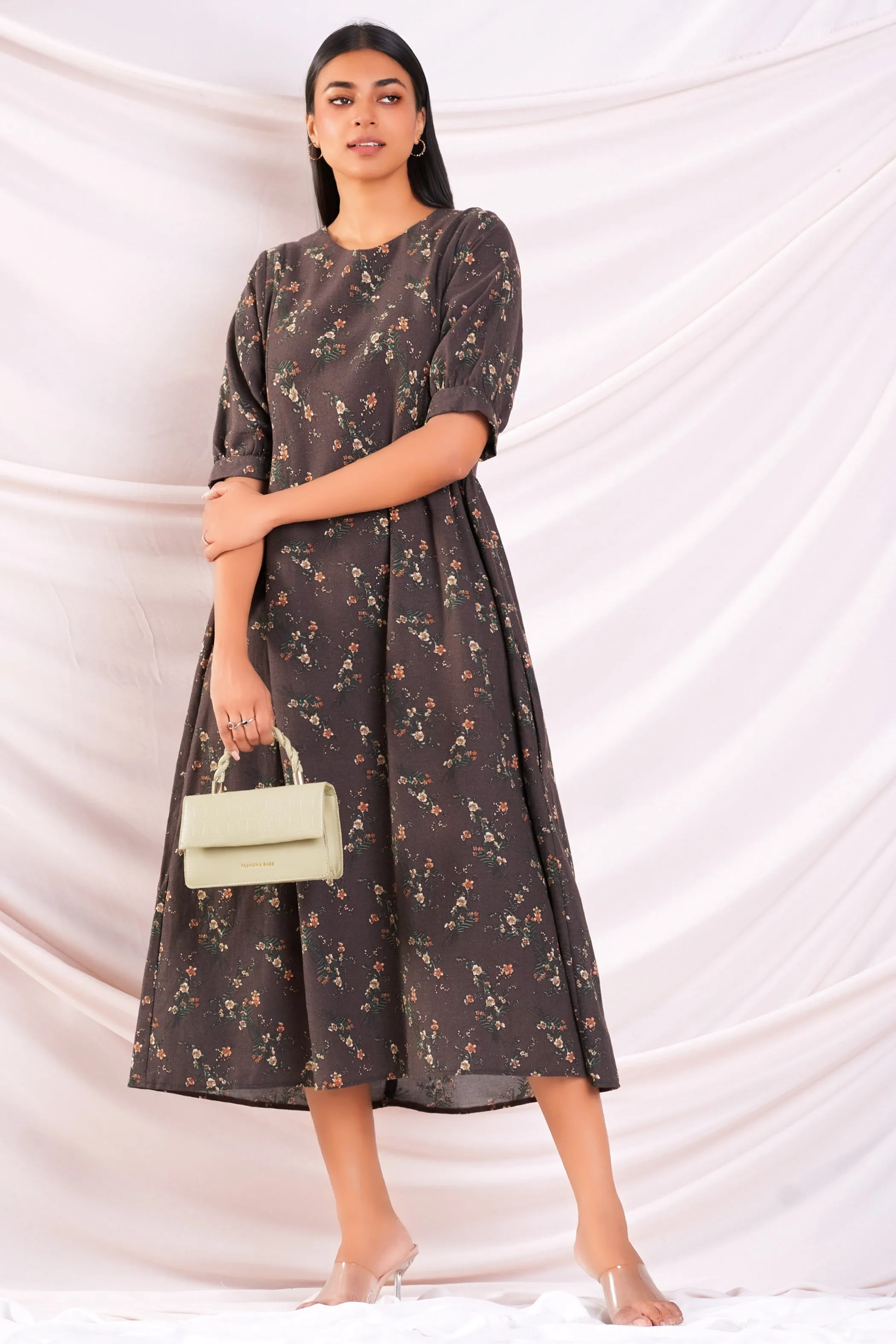 Brown Print A-line Dress