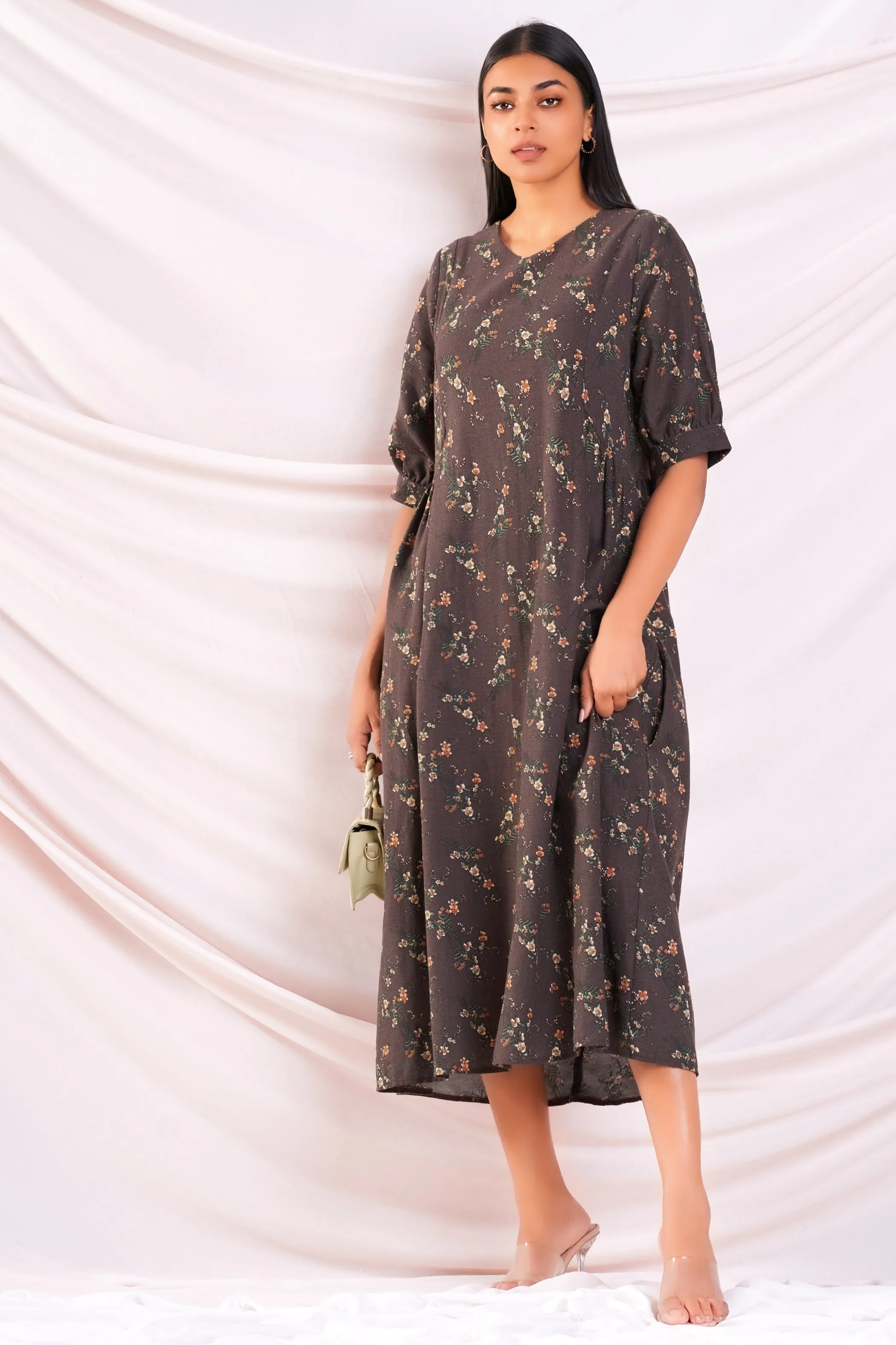 Brown Print A-line Dress