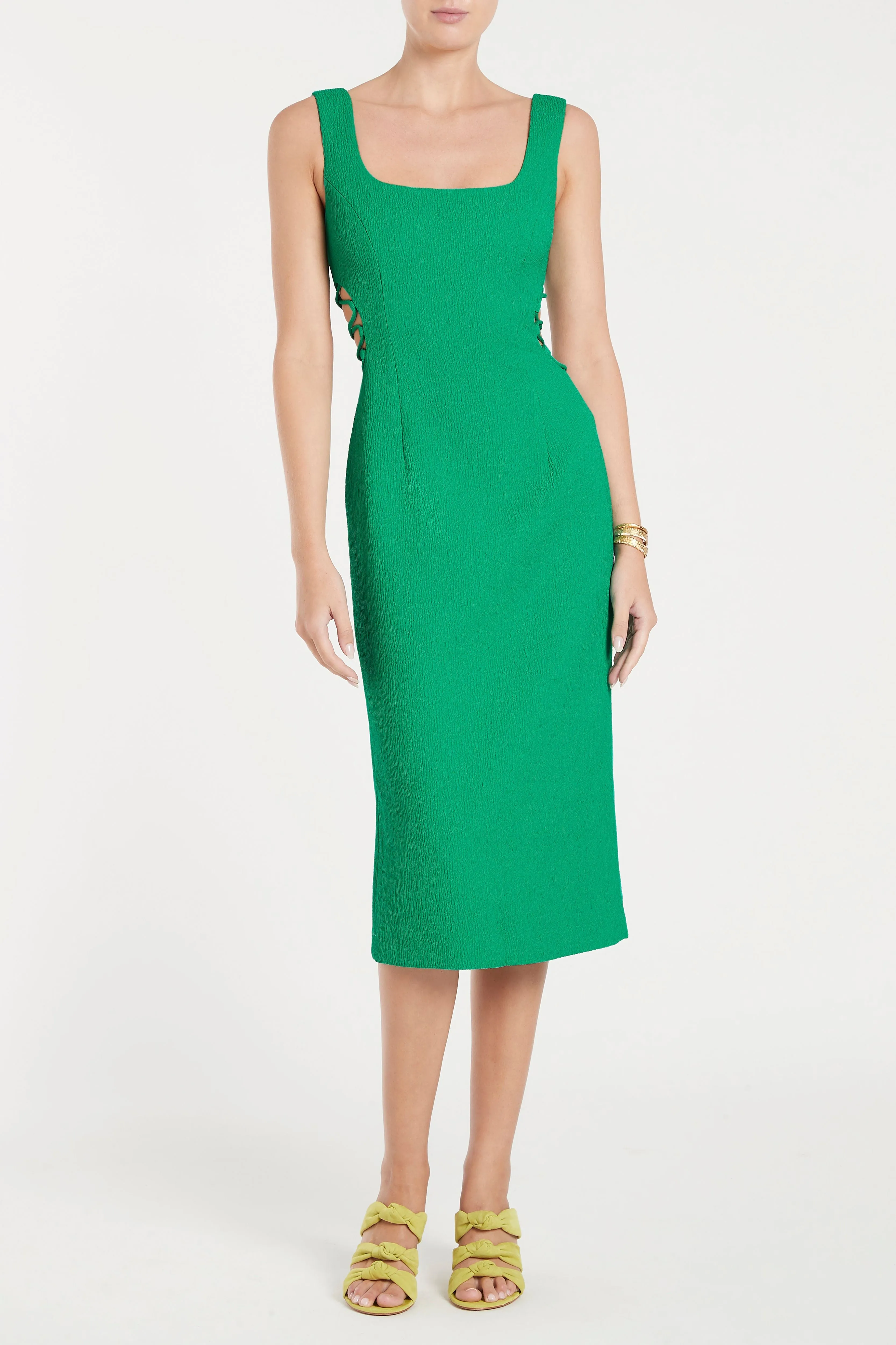 Trendy green lace-up midi dress by Rebecca Vallance