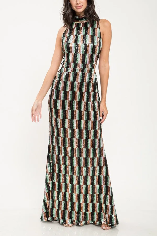 Criss Cross Pattern Gown with Multi-Color Sequins