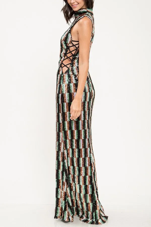 Criss Cross Pattern Gown with Multi-Color Sequins