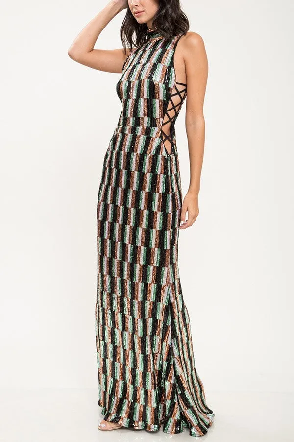 Criss Cross Pattern Gown with Multi-Color Sequins