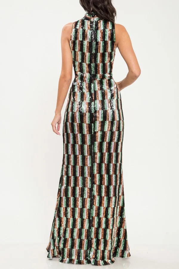 Criss Cross Pattern Gown with Multi-Color Sequins