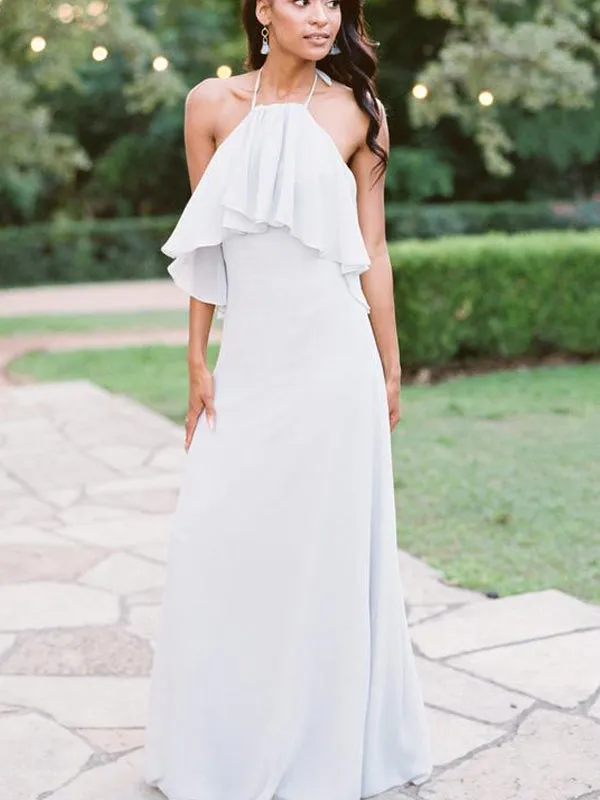 Convertible White Chiffon Halter Long Bridesmaid Dress, DB126