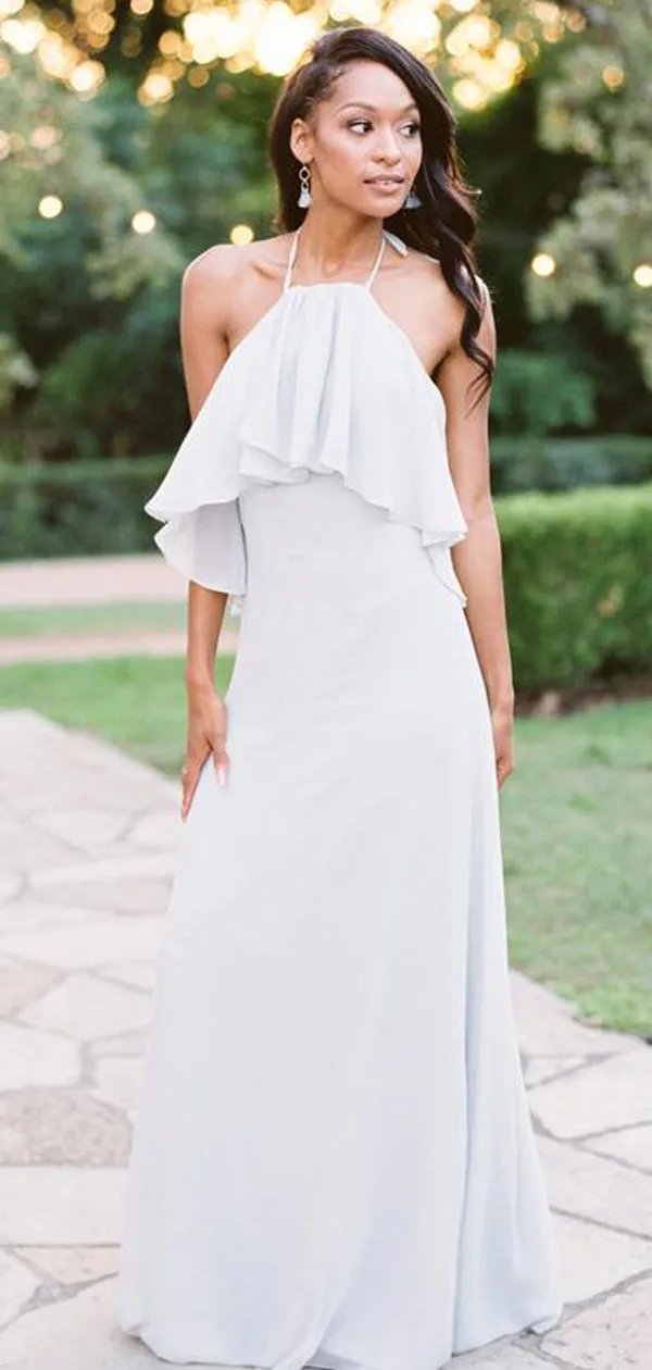 Convertible White Chiffon Halter Long Bridesmaid Dress, DB126