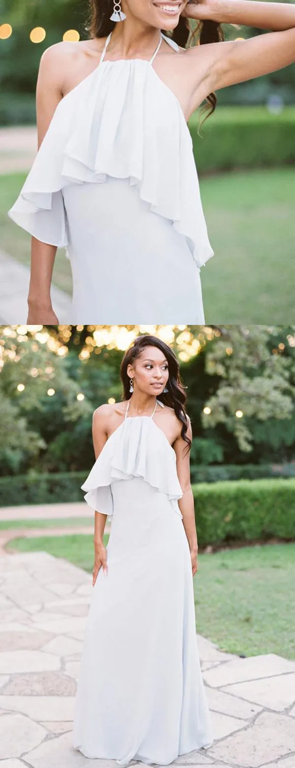 Convertible White Chiffon Halter Long Bridesmaid Dress, DB126