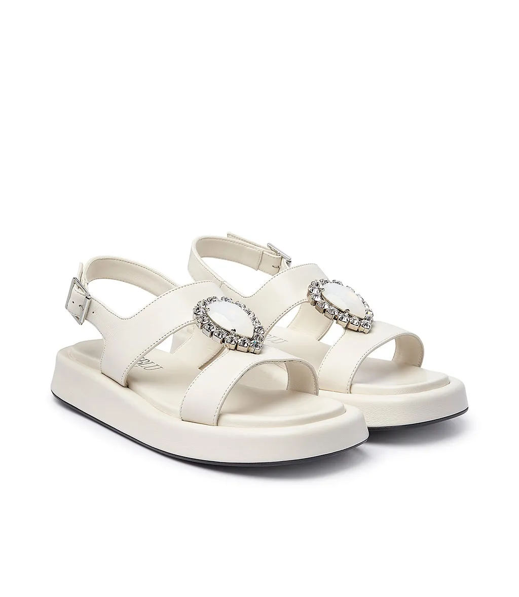 Cream Nappa Leather Sandals with Jewel Buckle