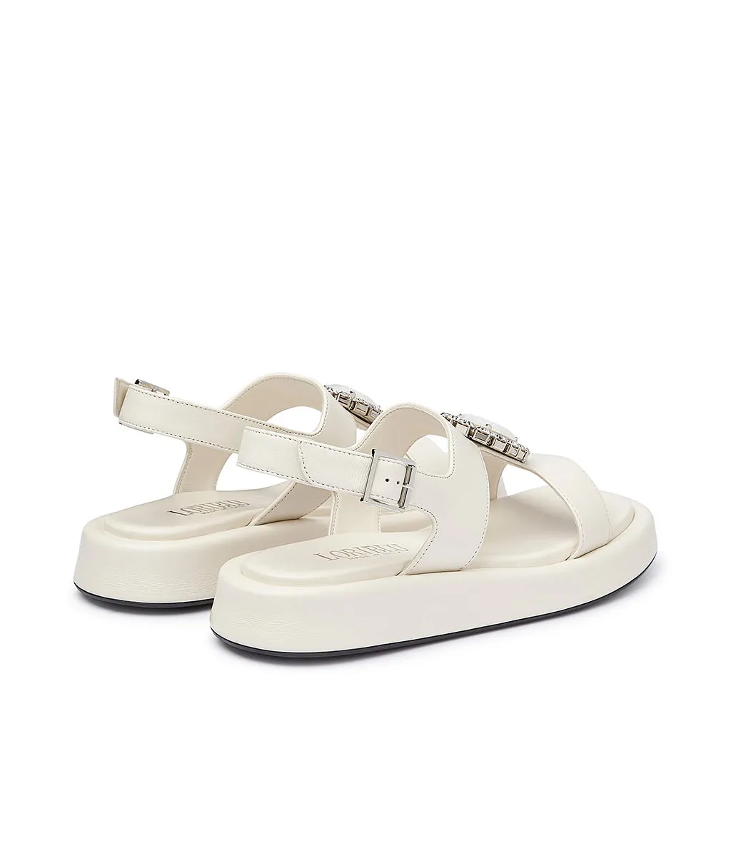 Cream Nappa Leather Sandals with Jewel Buckle