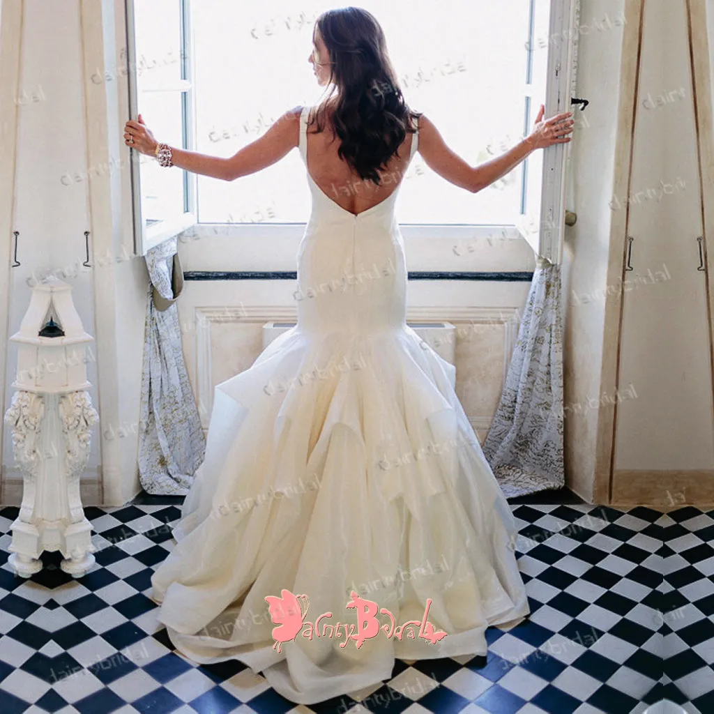 Off White Satin Spaghetti Strap Mermaid Wedding Dress