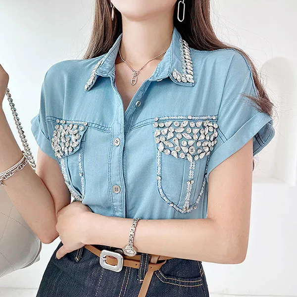 Casual Denim Dolman Sleeve Cotton Shirt