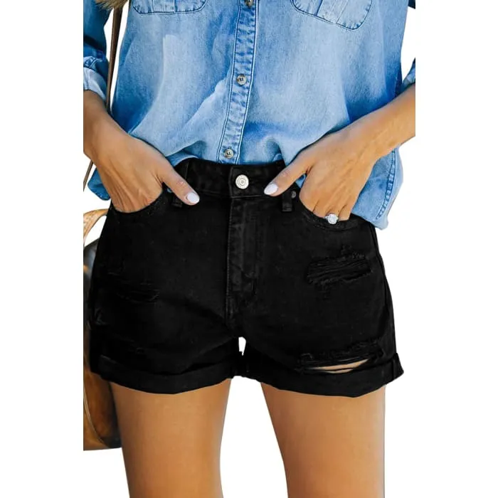 Distressed Black Denim Shorts