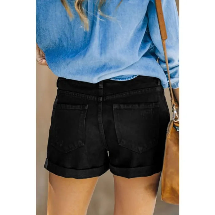 Distressed Black Denim Shorts