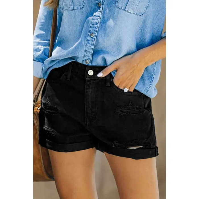 Distressed Black Denim Shorts