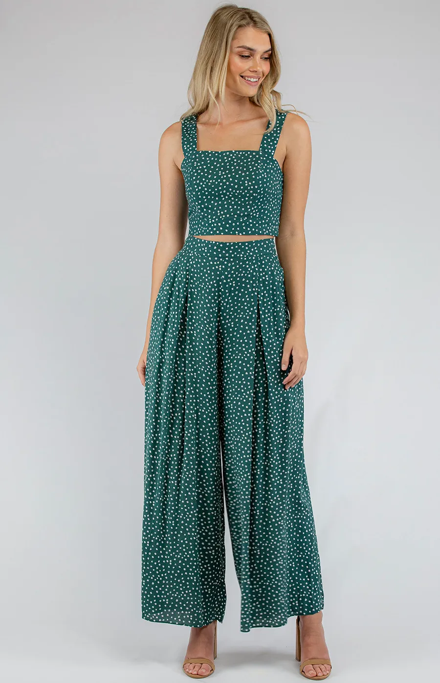 Dot Print Set with Crop Top and Pleated Pants