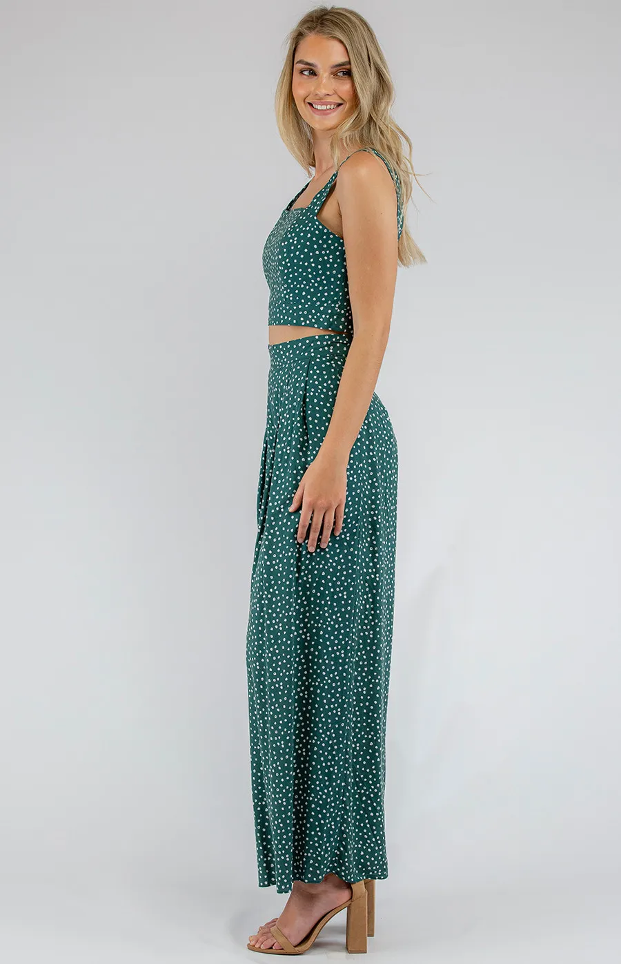 Dot Print Set with Crop Top and Pleated Pants