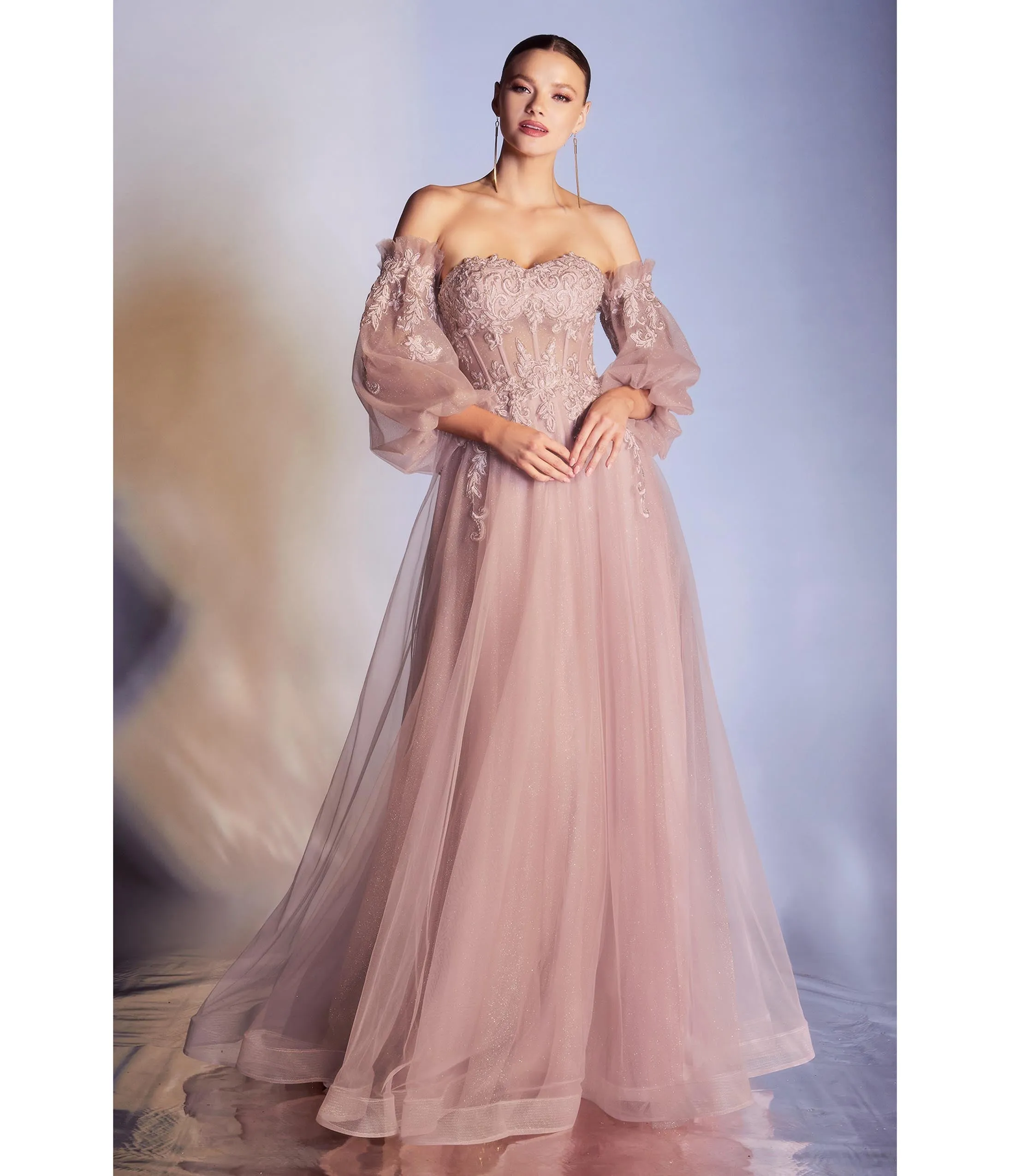 Dusty Rose Glitter Off The Shoulder Prom Gown by Cinderella Divine