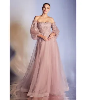 Dusty Rose Glitter Off The Shoulder Prom Gown by Cinderella Divine