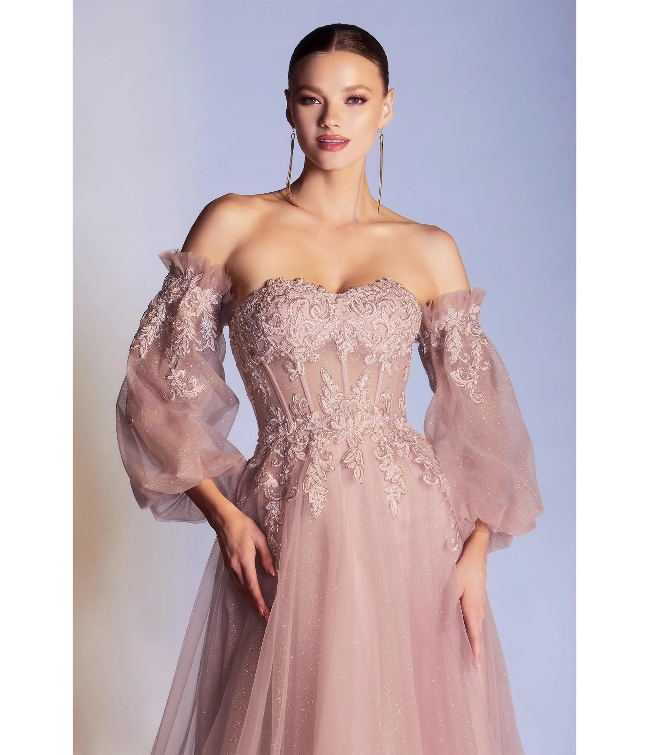 Dusty Rose Glitter Off The Shoulder Prom Gown by Cinderella Divine