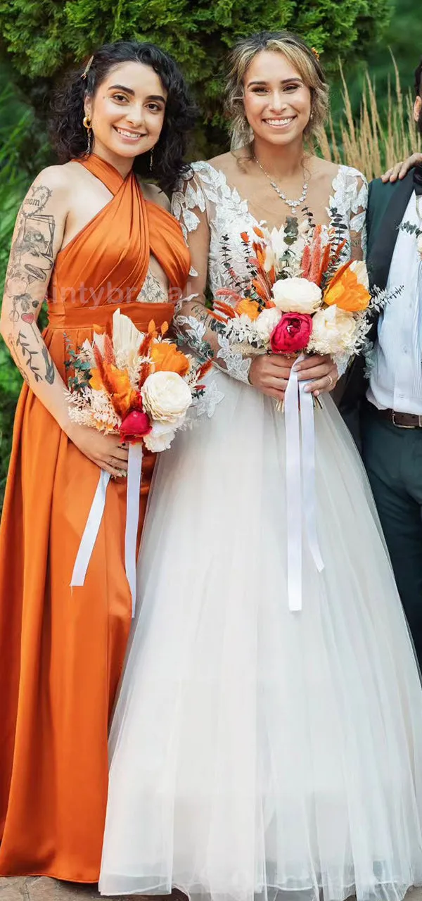 Elegant Burnt Orange Satin Bridesmaid Dress