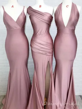 Elegant Mismatched Spaghetti Straps One Shoulder Mermaid Bridesmaid Dress with Side Slit, BG218