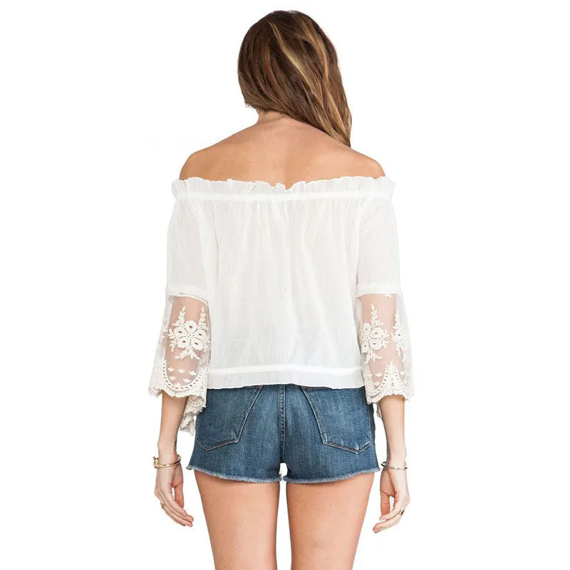 Elegant Off-Shoulder White Blouse Women Chiffon Shirts Casual Lace Females SM