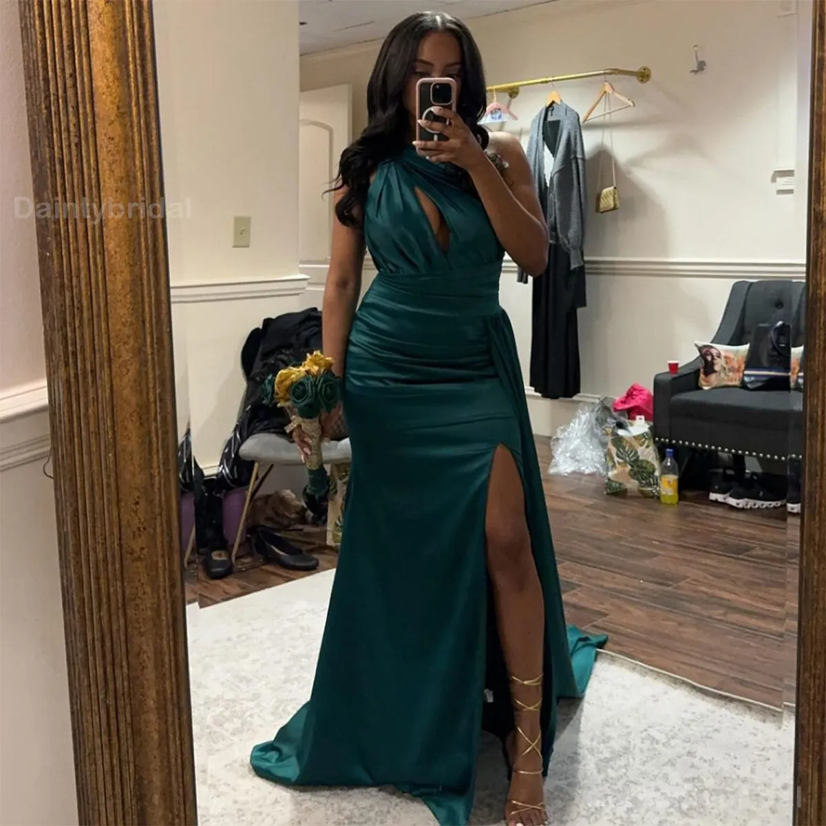 Elegant Dark Green Mermaid Bridesmaid Gowns with One Shoulder & Side Slit