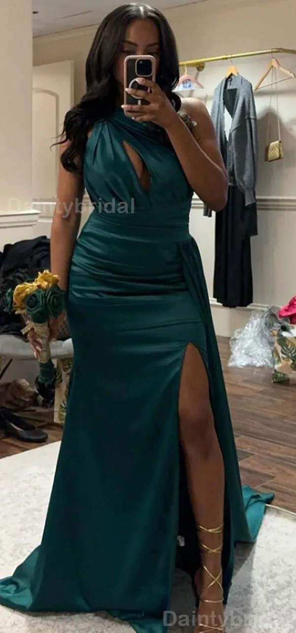 Elegant Dark Green Mermaid Bridesmaid Gowns with One Shoulder & Side Slit