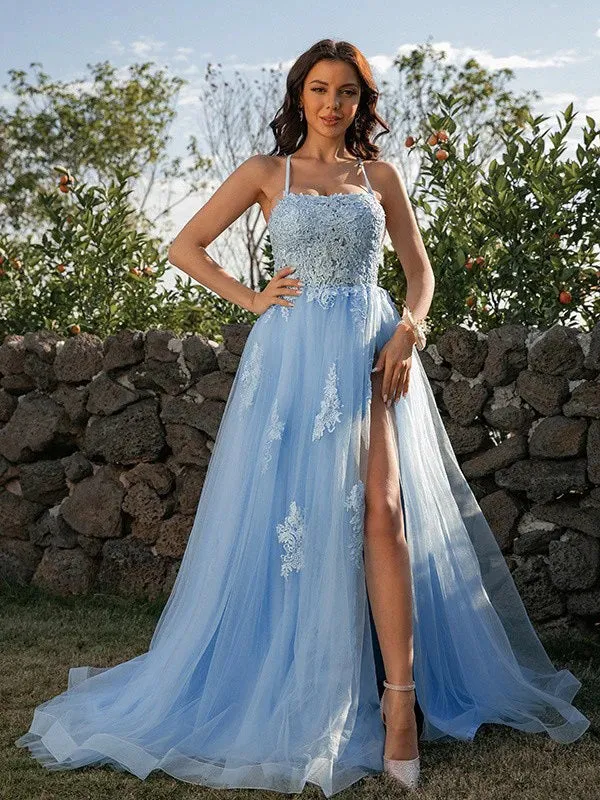 Blue Sleeveless Spaghetti Straps Applique Prom Dress