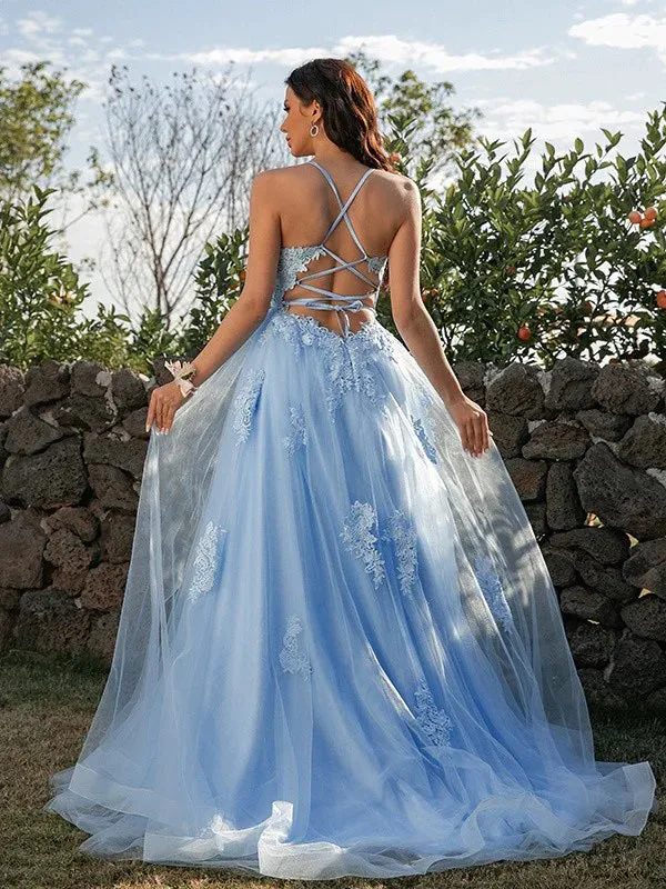 Blue Sleeveless Spaghetti Straps Applique Prom Dress