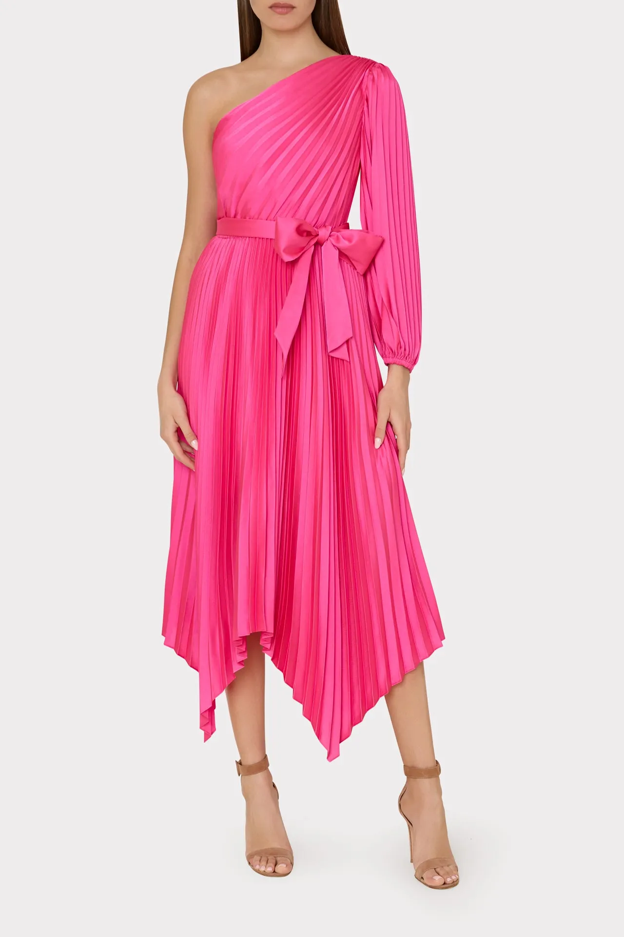 One Shoulder Dress with Satin Pleats