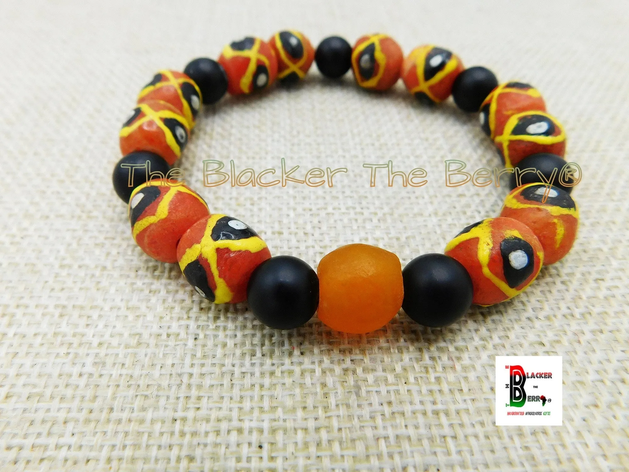 Ethnic African Orange Black Handmade Beaded Bracelets for Men and Women