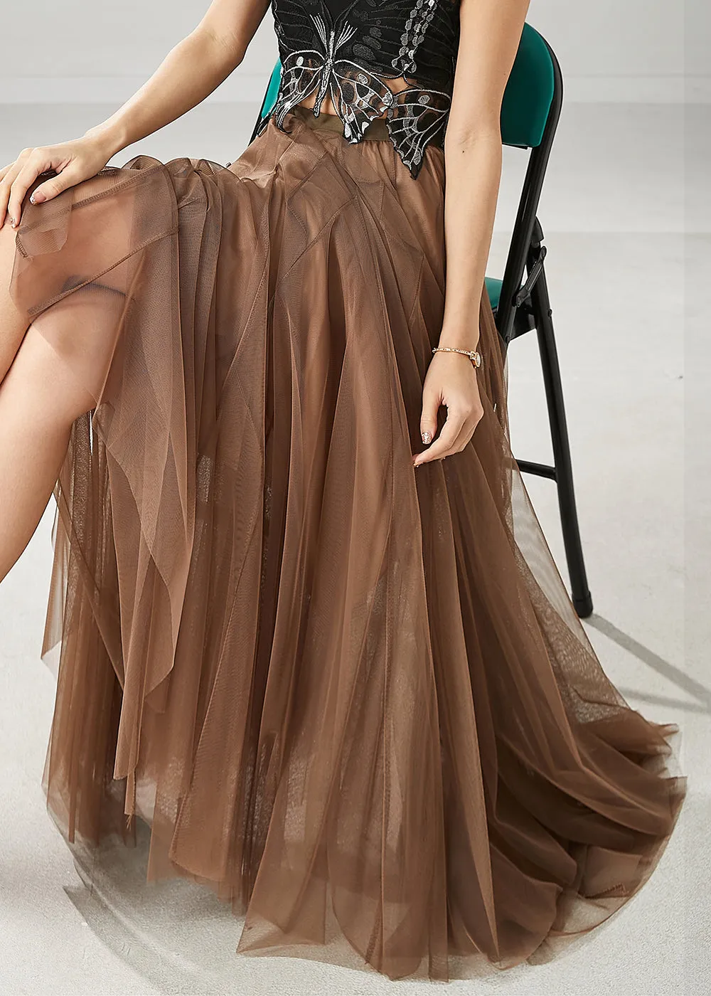 Khaki Extra Large Hem Nail Bead Tulle Skirts for Spring