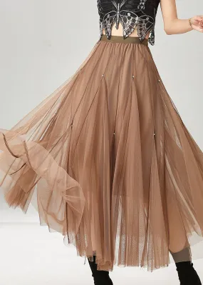 Khaki Extra Large Hem Nail Bead Tulle Skirts for Spring