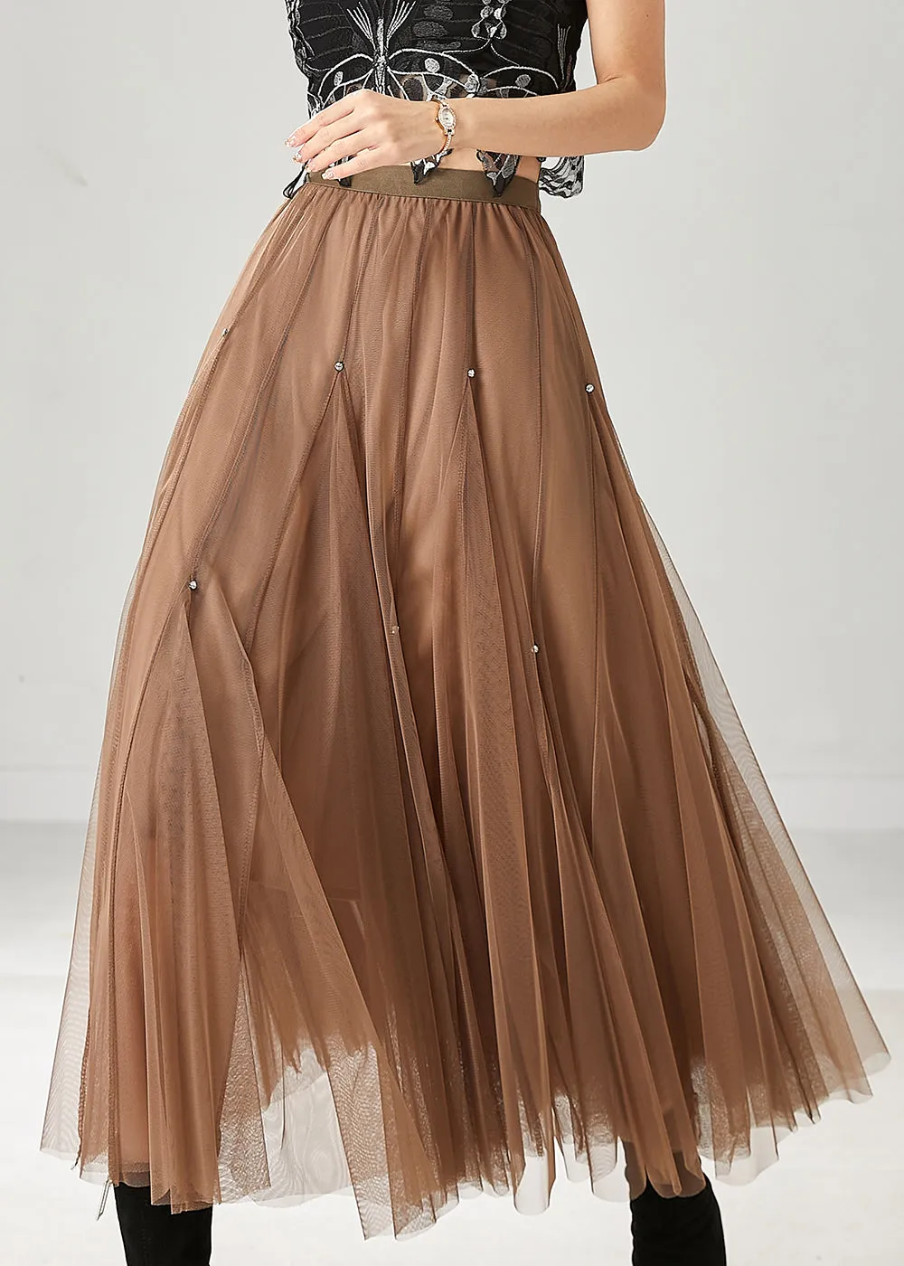 Khaki Extra Large Hem Nail Bead Tulle Skirts for Spring