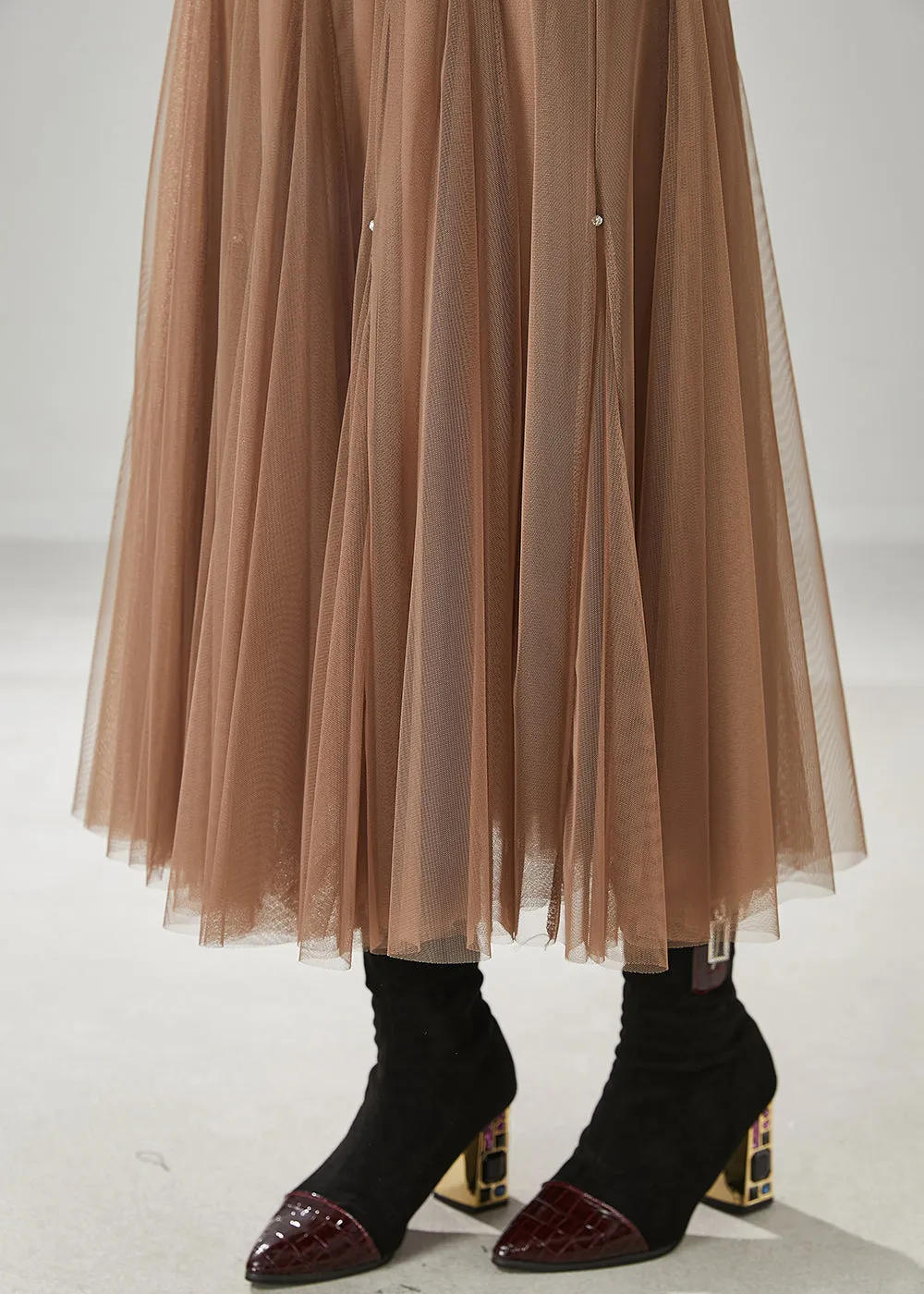 Khaki Extra Large Hem Nail Bead Tulle Skirts for Spring