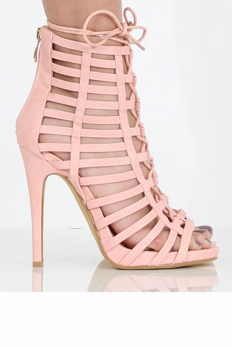 Feminine Pink Caged Lace-Up Heels - Jane