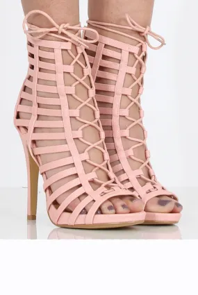 Feminine Pink Caged Lace-Up Heels - Jane