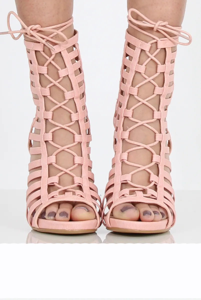 Feminine Pink Caged Lace-Up Heels - Jane